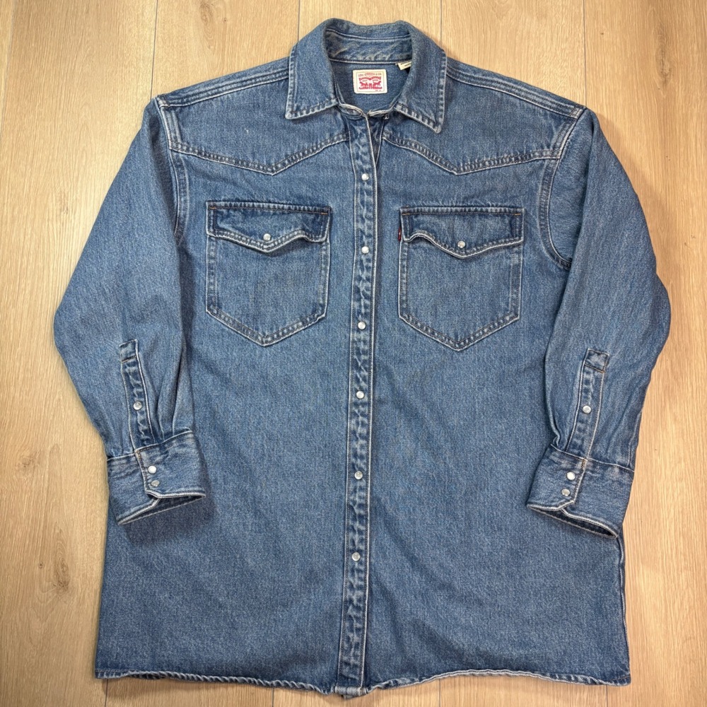 Levis Dylan Womens Oversized Denim Western Pearl Snap Shirt Medium Wash XS Fall